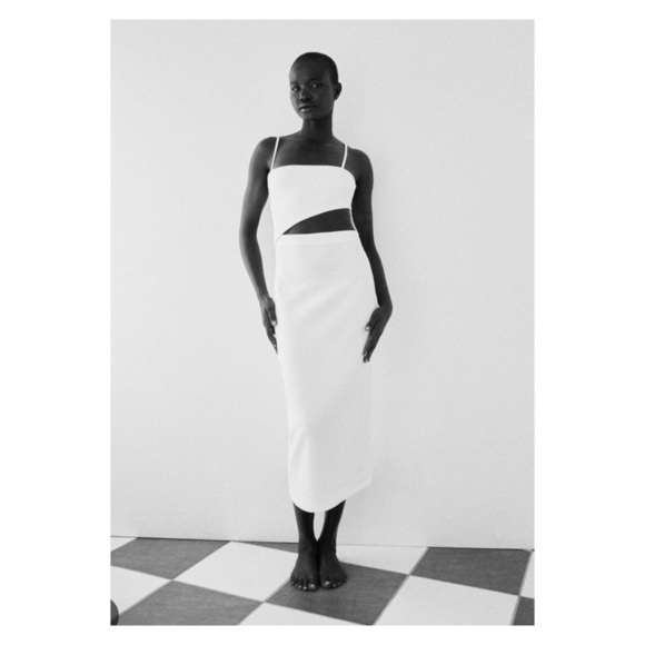 ZARA White Fitted Asymmetric Cutout Bodycon Midi Dress Medium Blogger Fa… - Picture 5 of 6